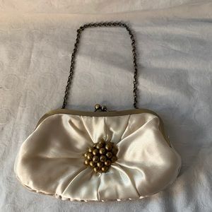 Ivory Satin Clutch Evening Bag Embellished with Bauble Metal Clasp & Chain